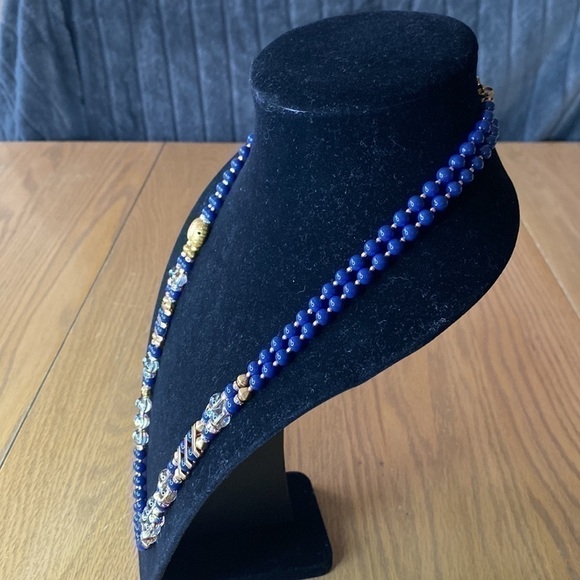 Copy - Vintage Royal Blue & Gold beads. Great look, double strand lays flat nec… - Picture 1 of 5